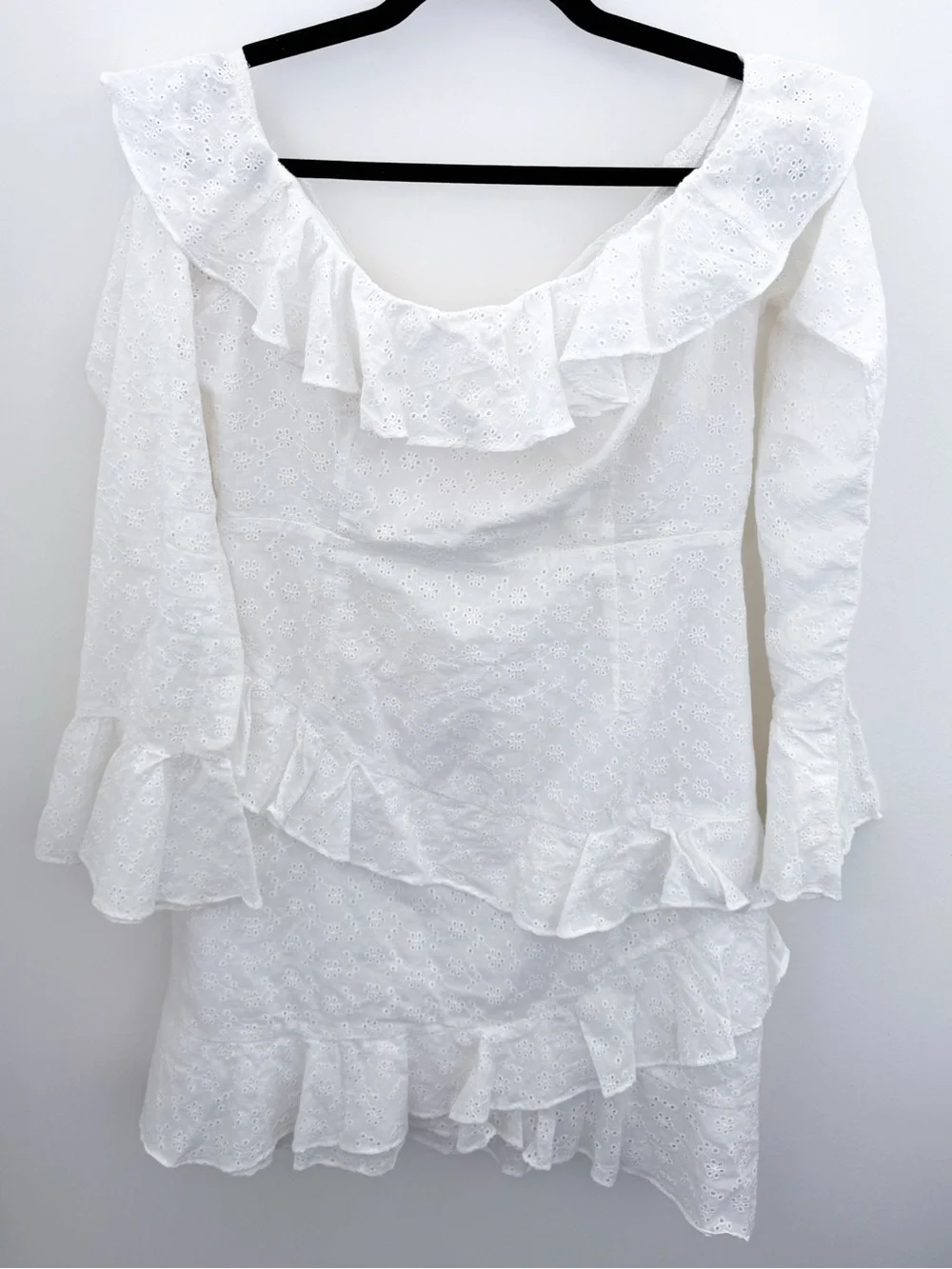 SABO LUXE White Eyelet Ruffle Mini Dress | Open Back | 100% Cotton | Size L - Picture 3 of 13